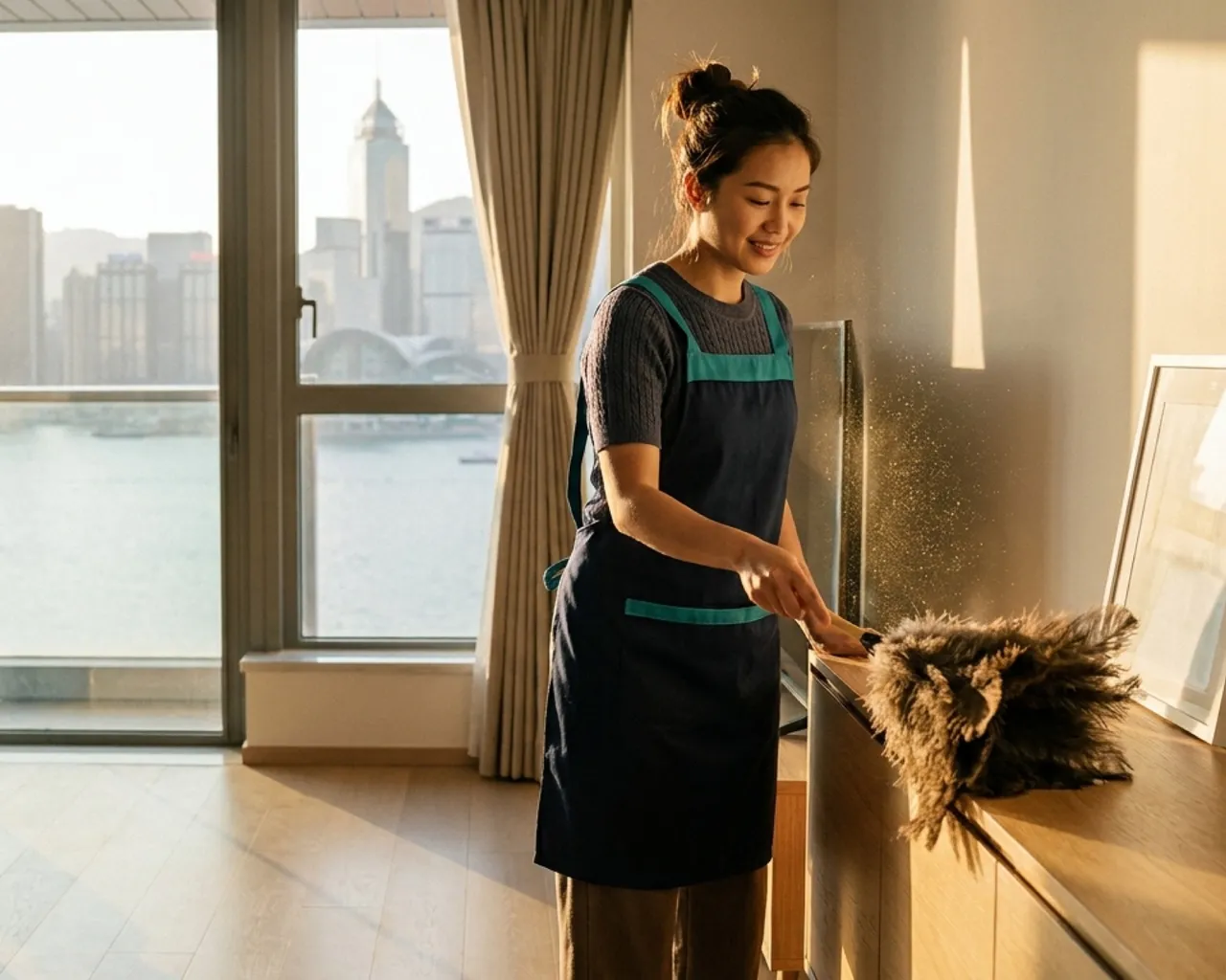 A GMA helper dusting a shelf in a bright Hong Kong apartment