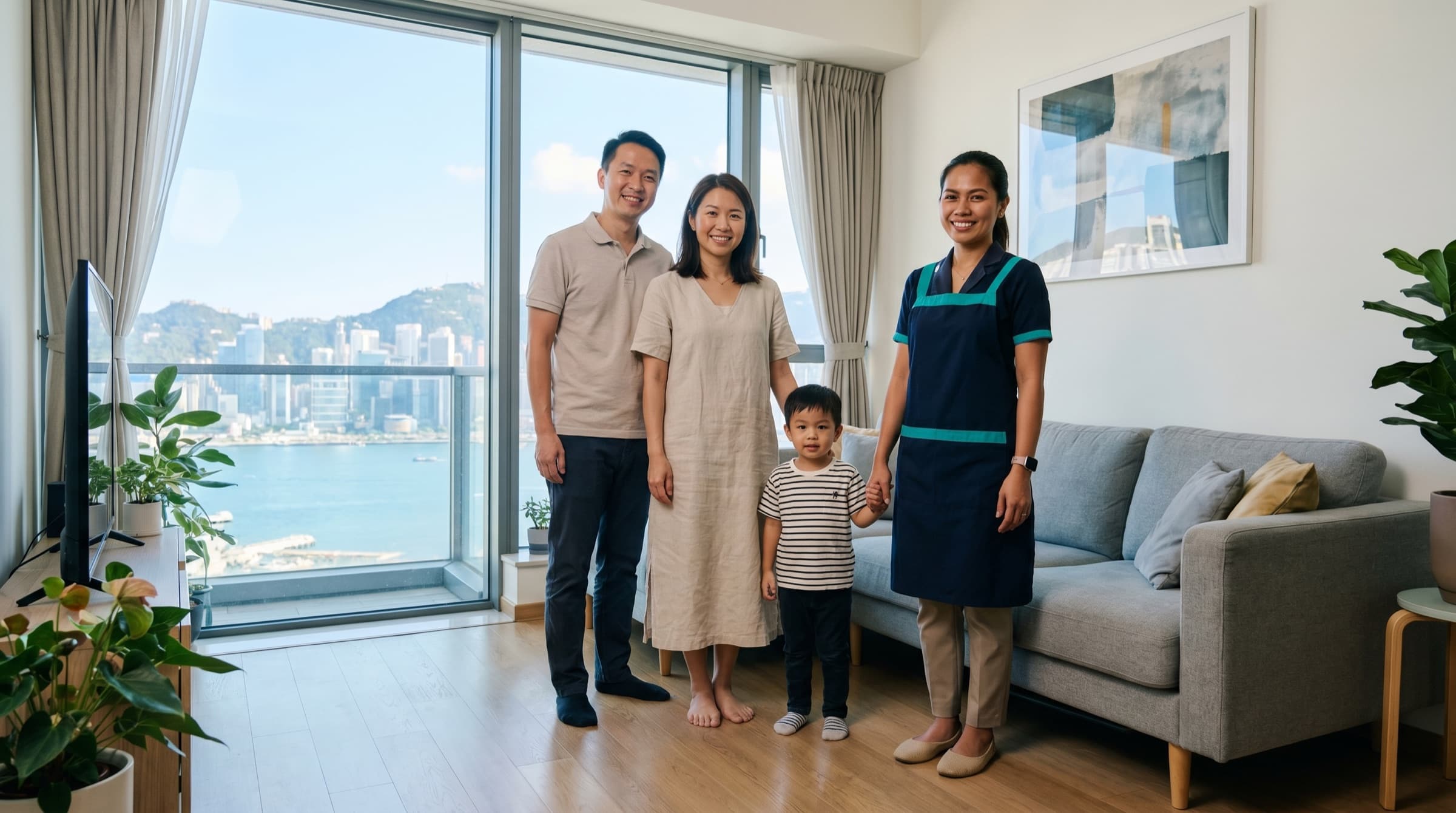 A Hong Kong family and their GMA helper smiling together at home with a harbour view