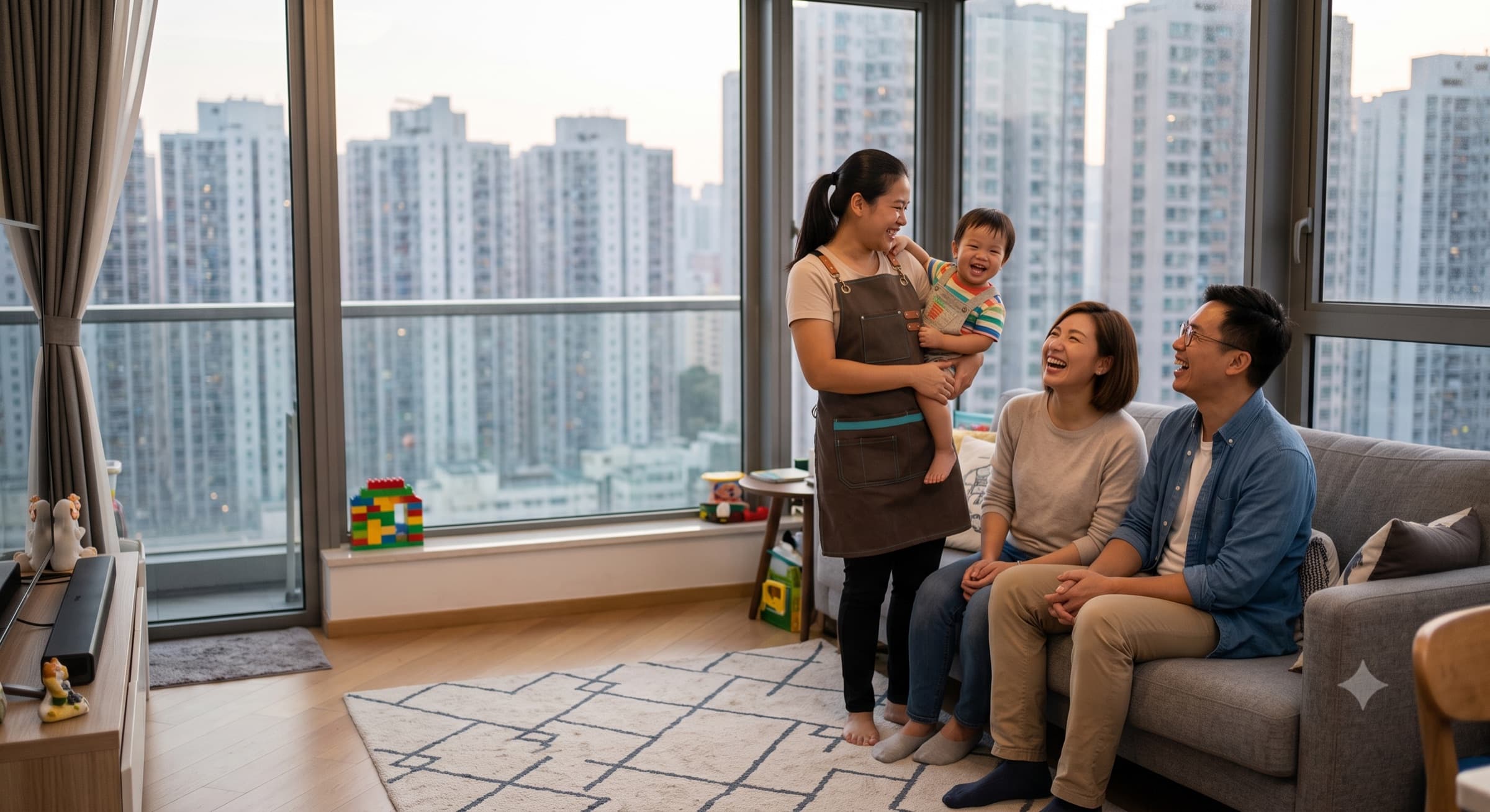 A GMA helper laughing with a toddler while the family looks on at home