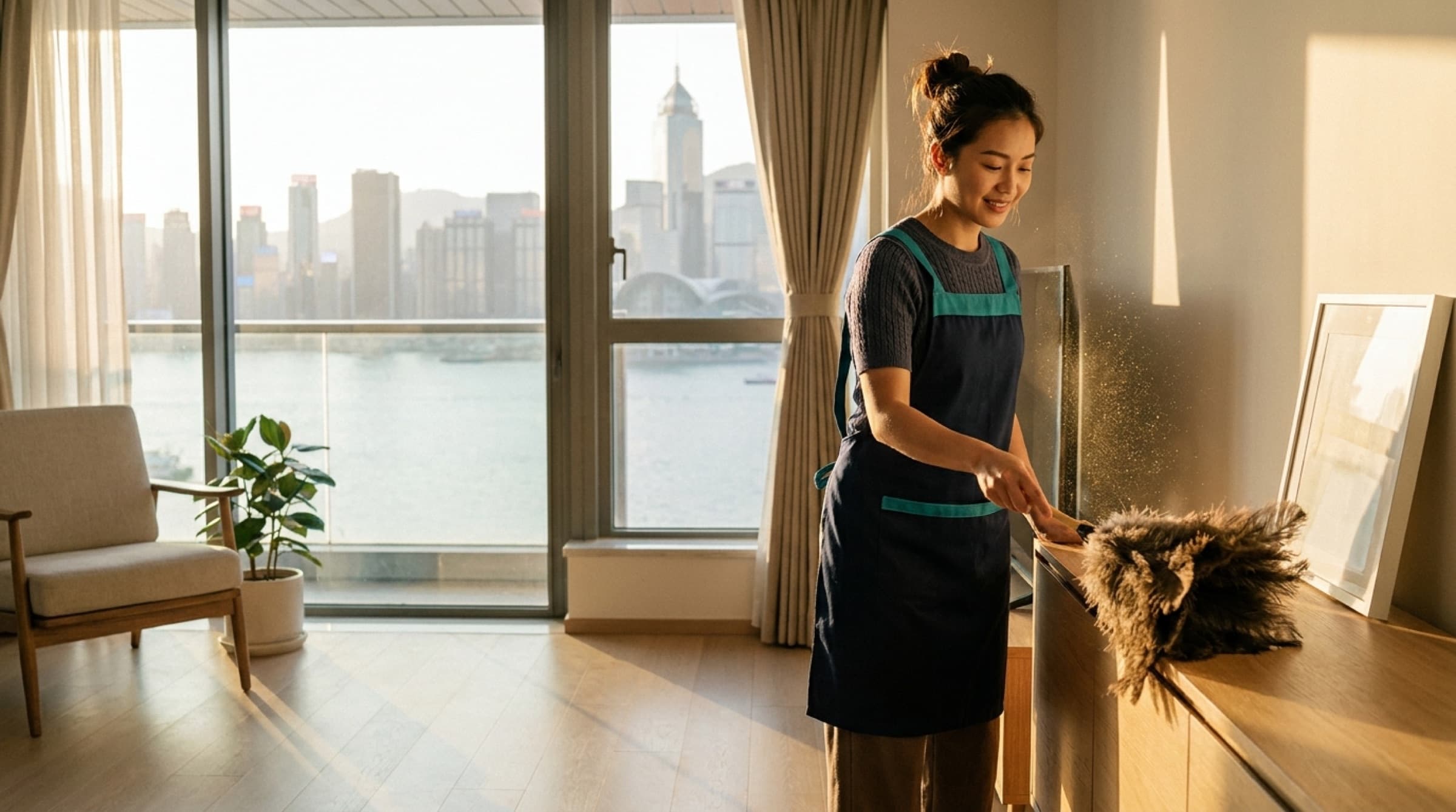 A GMA helper dusting a shelf in a bright Hong Kong apartment